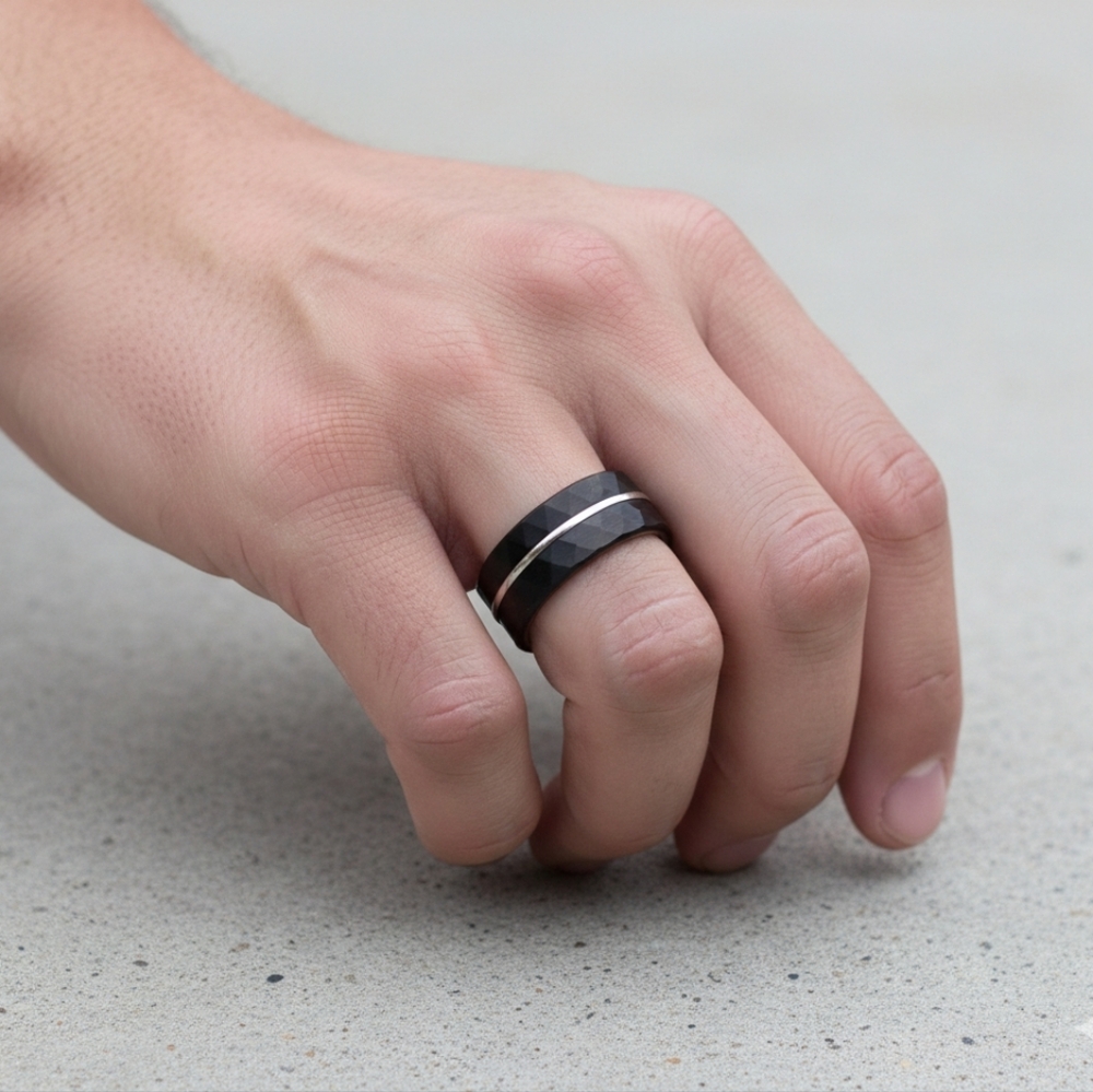 Black Tungsten Men's Hammered Ring